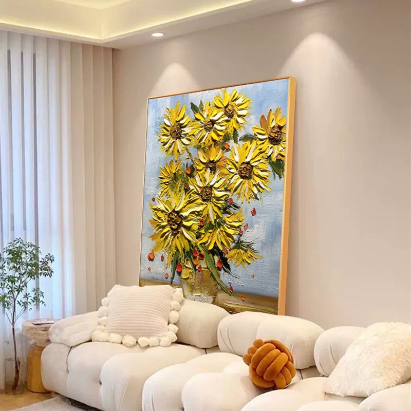 梵高向日葵纯手绘油画花卉玄关背景墙装饰画现代客厅餐厅立体挂画图片