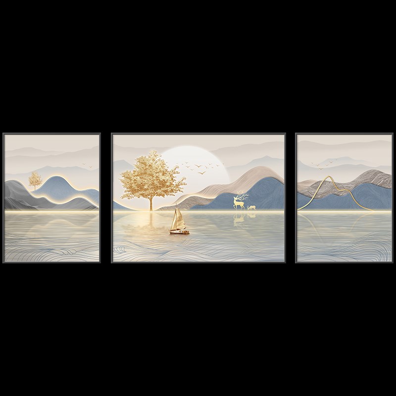 现代轻奢客厅装饰画高档大气沙发背景墙山水挂画一帆风顺三联壁画图片