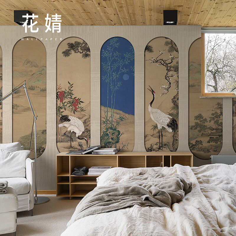 新仙鹤中端墙布客厅卧室纺布墙纸电视背景墙壁纸