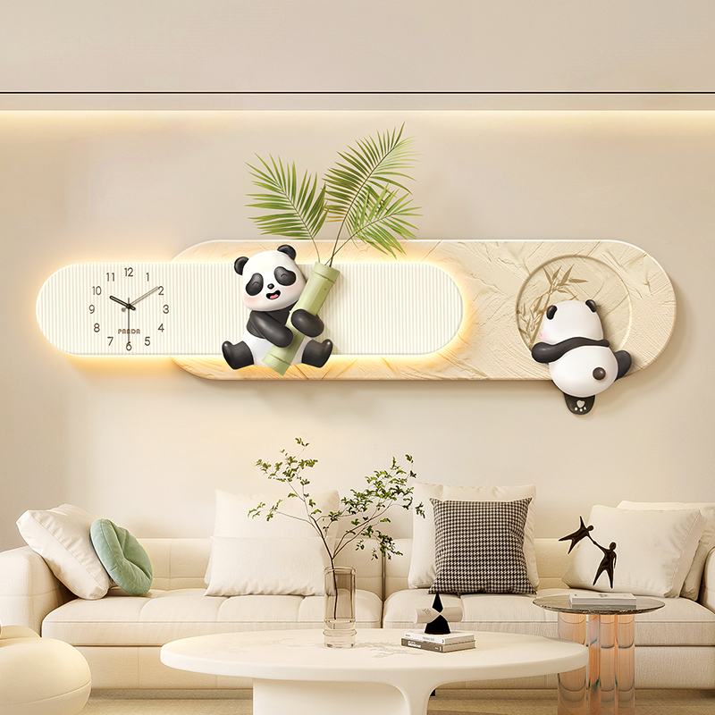 奶油风客厅装饰画带时钟表t现代简约壁灯画沙发背景墙创意绿植挂图片