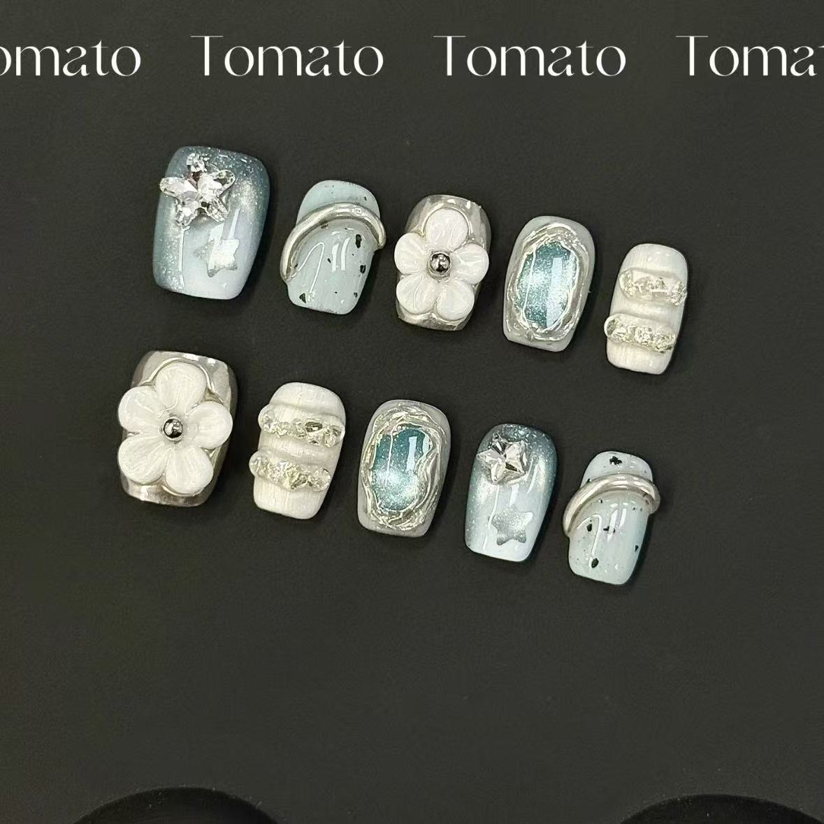 纯手工赛里木湖高级质感冰蓝色短款雕花设计感显白穿戴甲