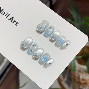 纯手工{可爱蓝}少女心蝴蝶结玻璃珠猫眼法式银色粘钻新款穿戴甲