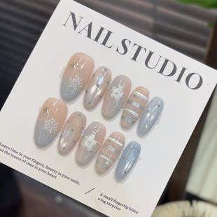 纯手工冰蓝银雪猫眼闪亮简约雪花波点五角星少女心通勤裸色穿戴甲