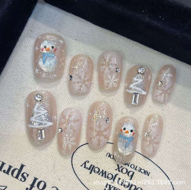 纯手工【雪人】雪花圣诞树猫眼闪亮高级感显白仙女风穿戴甲