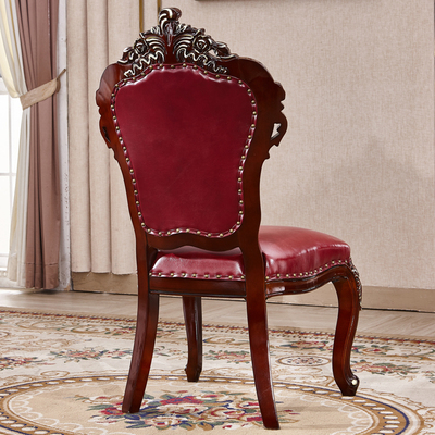 粤港家具欧式餐椅实木雕花红棕色书房洽谈椅酒店休闲麻将椅子