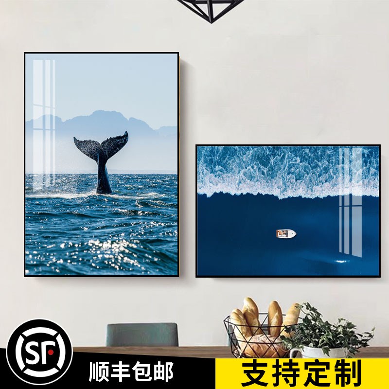 鲸鱼餐厅装饰画现代简约酒杯两联画创意组合饭厅装饰挂画客厅壁画图片