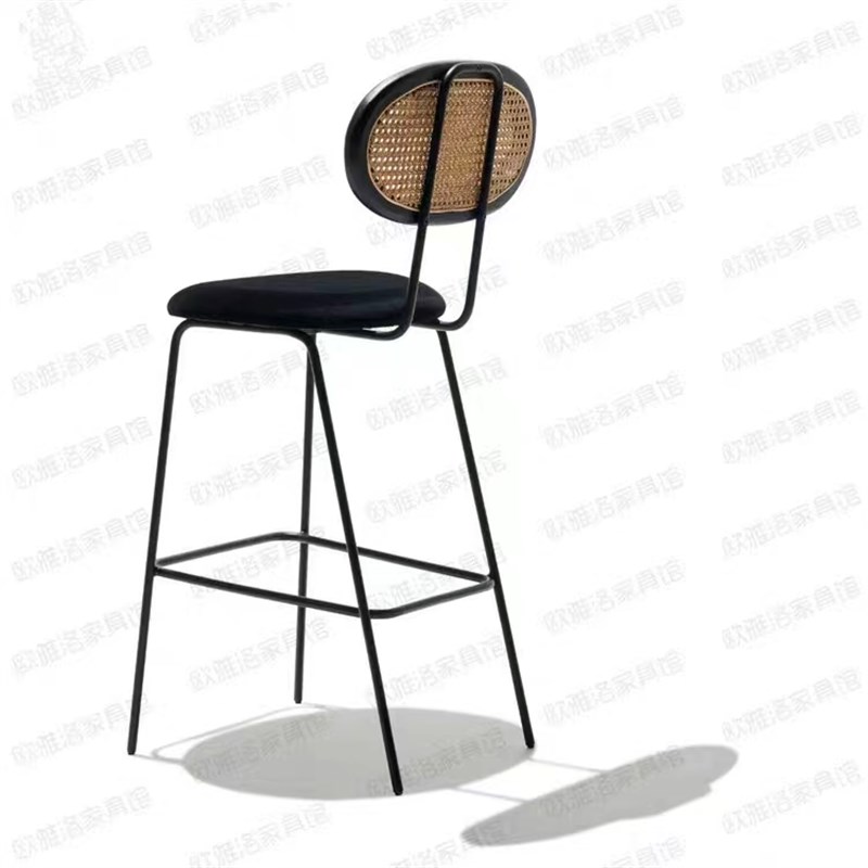 藤编吧台椅工业靠背高脚凳设计师休闲吧咖啡厅复古酒吧前台椅