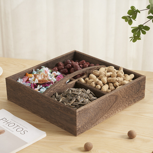 泡桐实木格干果盒客厅实木年货家用提手盒零食盘结婚糖果盒