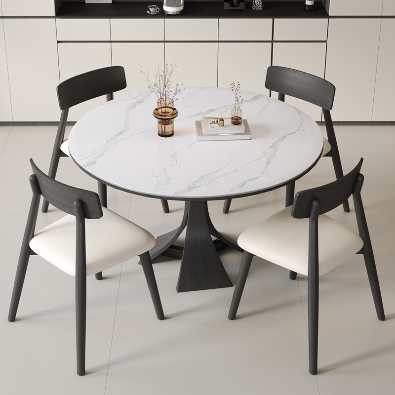 法式复古窈窕纯白岩板餐桌圆桌现代家用小户型奶油风圆形实木饭桌