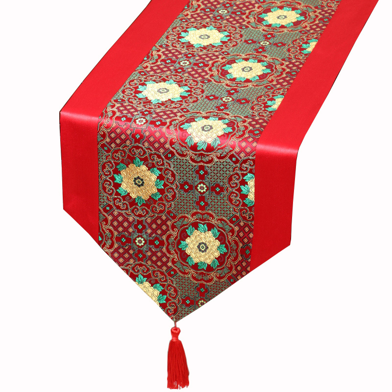 中式真丝时尚田园餐桌桌旗桌布茶几布床旗台布云锦桌布定制