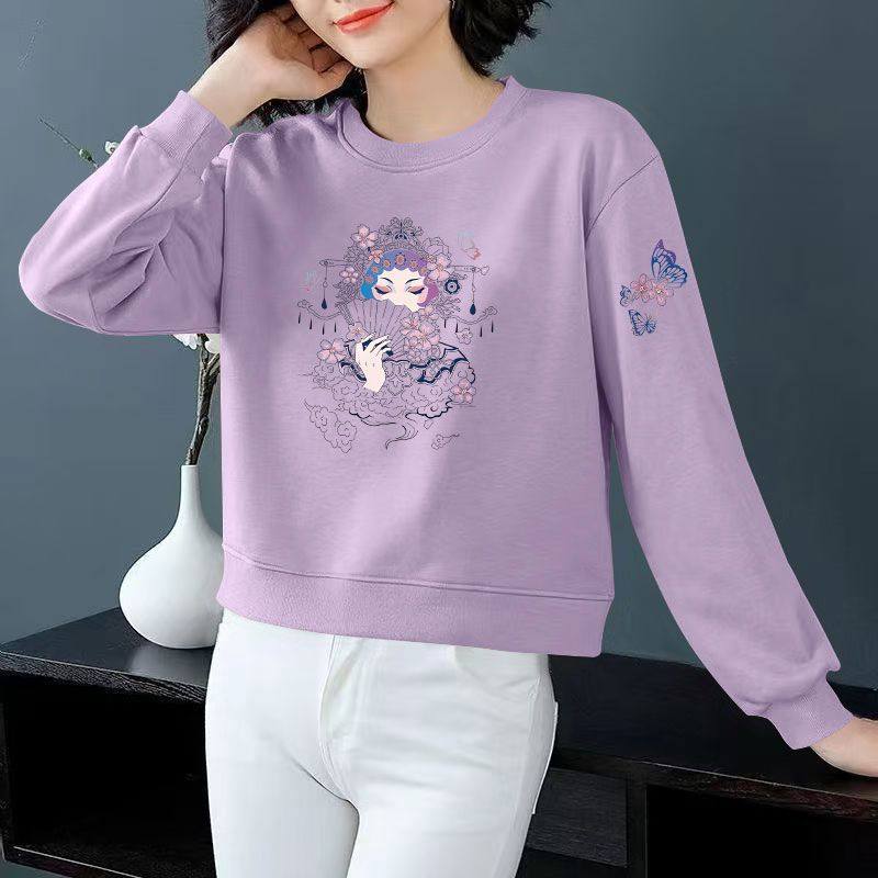 纯棉圆领长袖卫衣女秋冬新款大码韩版休闲印花宽松遮肉上衣