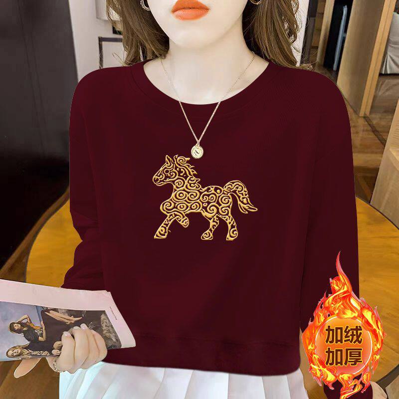 新年加绒加厚圆领卫衣女秋冬新款休闲潮流设计感遮肉上衣女ins