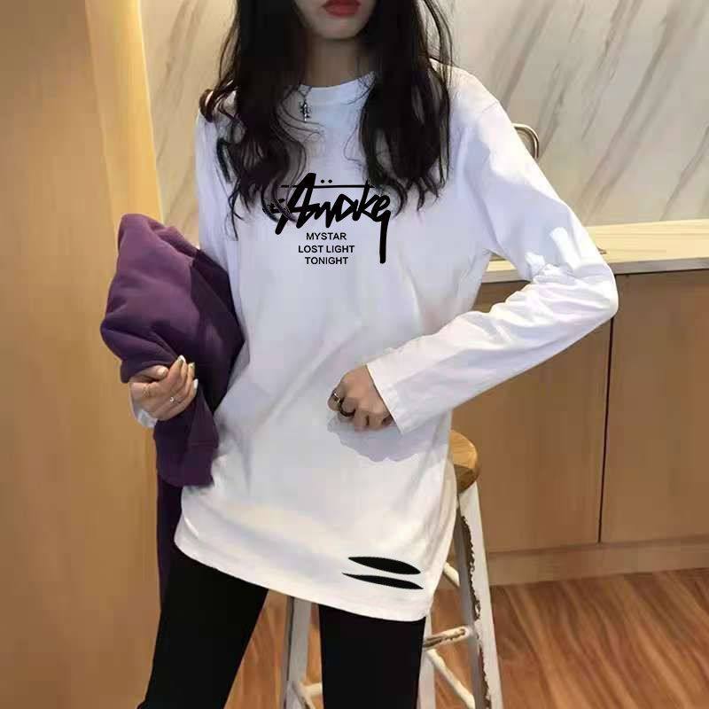 纯棉长袖潮流T恤女新款秋冬韩版气质简约时尚宽松内搭上衣