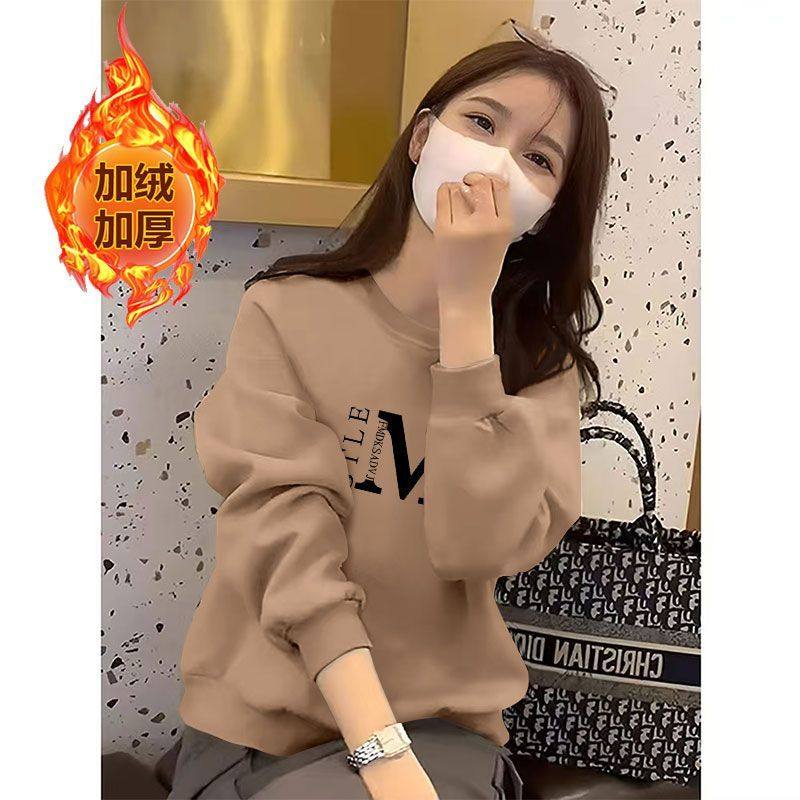 加绒加厚短款卫衣女秋冬新款宽松印花休闲显瘦百搭遮肉上衣女ins