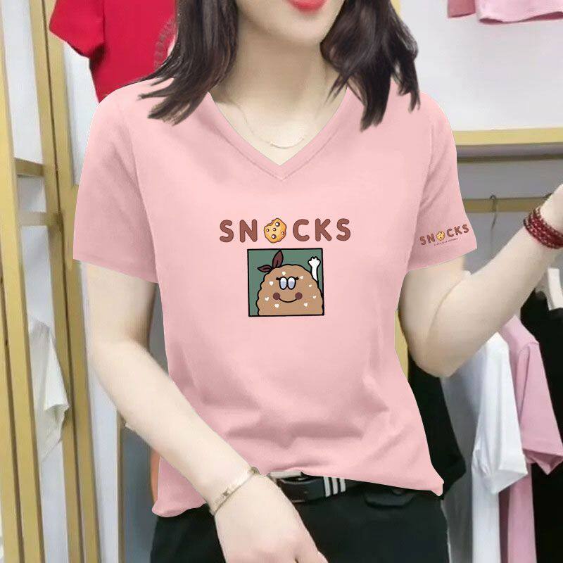夏季纯棉V领遮肚大码短袖T恤女