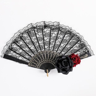 复古中国风蕾丝黑扇子便携古风拍照道具旗袍摆拍女士折扇