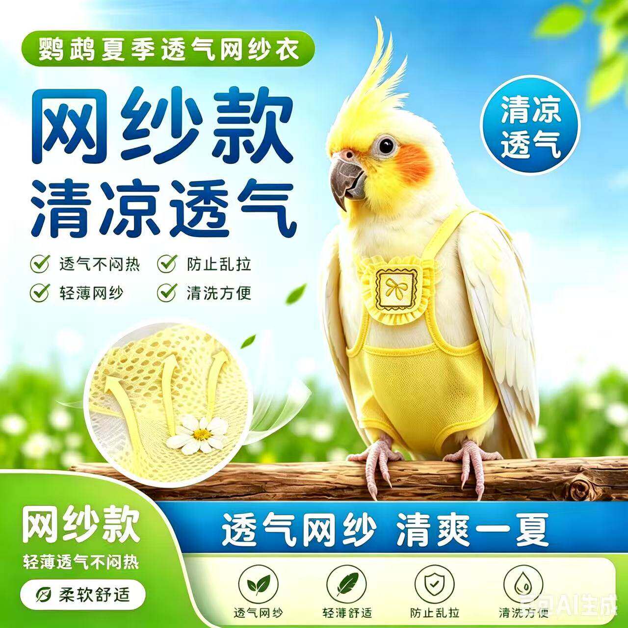 鹦鹉尿裤放飞绳防挣脱透气不闷热夏季薄款外出遛鸟牵引绳鹦鹉屎兜