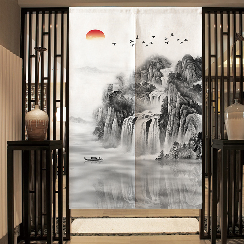 中式门帘水墨山水画家用卧室书房布艺挂帘客厅装饰隔断帘厕所帘子图片
