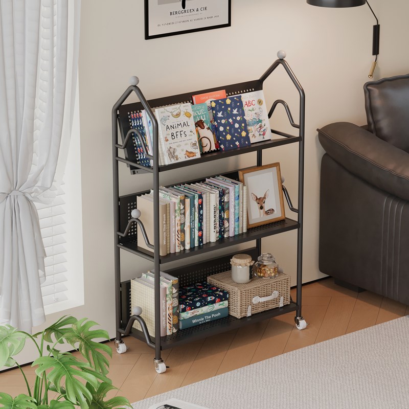 可移动书架落地置物架简易书桌旁A收纳架铁艺儿童绘本书柜一体靠
