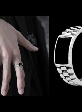 新款棋格滴油男潮戒指复古冷淡风高级感轻奢指环开口可调节食指戒