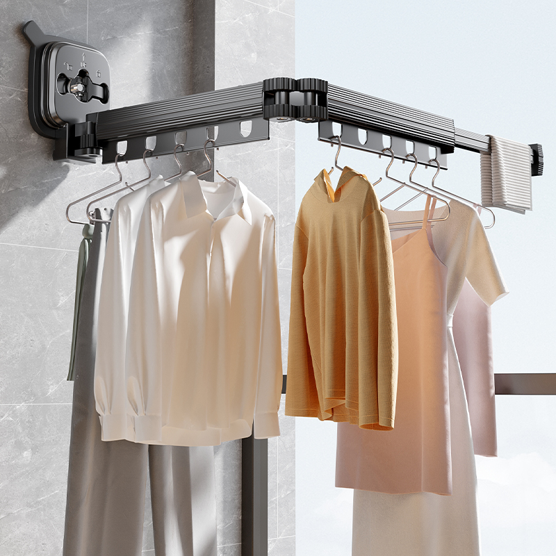 折叠晾衣架阳台隐形伸缩晾衣杆室内家用免打孔吸T盘飘窗晒衣架神