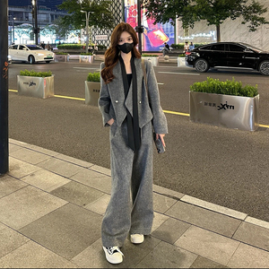 秋冬法式气质V领毛呢西装外套女休闲直筒裤两件套高级感时尚套装