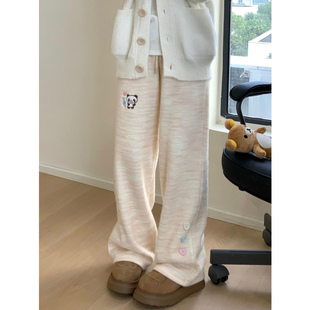 日系软妹小熊刺绣阔脚裤女秋冬季加绒加厚宽松高腰灯芯绒直筒长裤