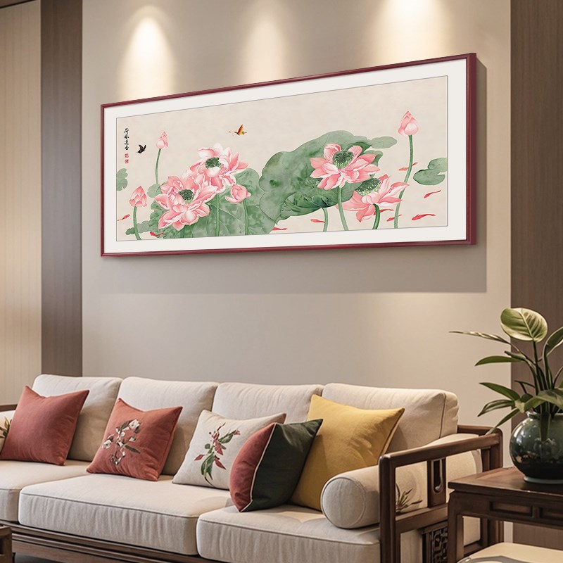 荷花装饰画新中式客厅沙发背景墙挂画2024新款九鱼图手绘莲花壁画图片