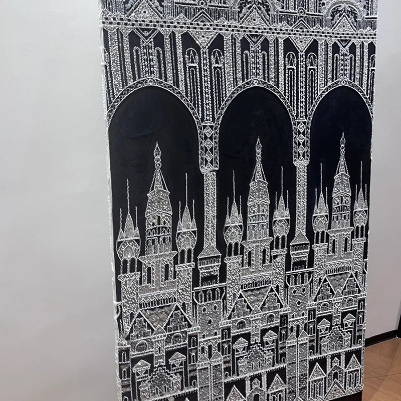 高级感法式古典立体装饰画钉珠刺绣布料浮雕壁画手工白色城堡挂画图片
