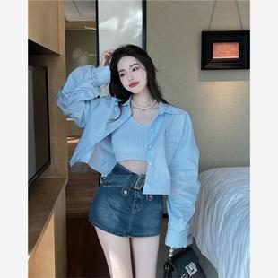 女大码 蓝色夏季 polo领衬衫 薄款 胖mm微胖宽松设计感小众上衣 短款