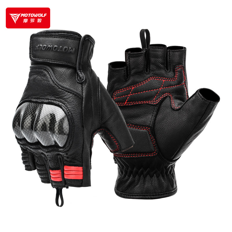 春夏季摩托车手套半指真皮透气碳纤E防摔机车骑行四季摩旅骑士装