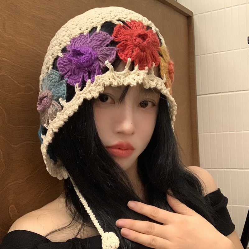 彩色花朵流苏镂空包n头帽女夏季民族风显脸小针织帽套头帽薄款帽