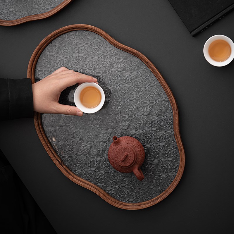 复古海棠花玻璃泡茶盘日式竹制小茶台水果茶点盘桌上收纳托盘茶奉