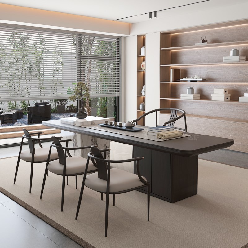 新中式茶桌椅 高级感岩板家用茶台 实木办公茶室轻奢茶桌岩板岛台