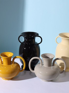 现代简约北欧亮光双耳几何陶瓷花瓶工艺品摆件家居样板房软装饰品