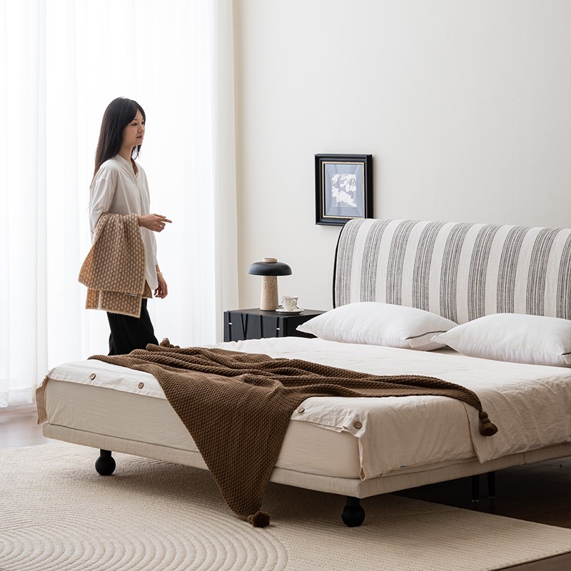 支吾原野现代简约条纹布床法式复古主卧实木床可拆洗亚麻双人床