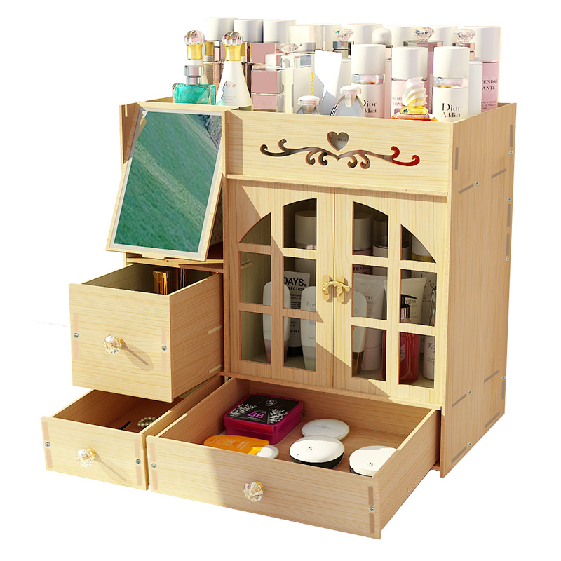 大号木质化妆品收纳盒带镜子抽屉家用护肤品桌面整理梳妆台置物架