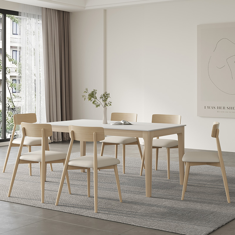 亮光岩板餐桌椅组合北欧原木风长方形实木小户型家用桌子吃饭桌子
