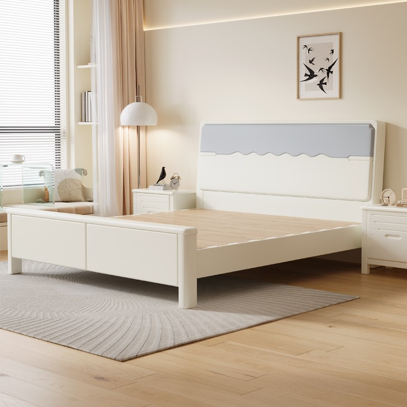 全实木床奶油风白色静音榫卯加厚床板榉木主P卧室储物简约气压床