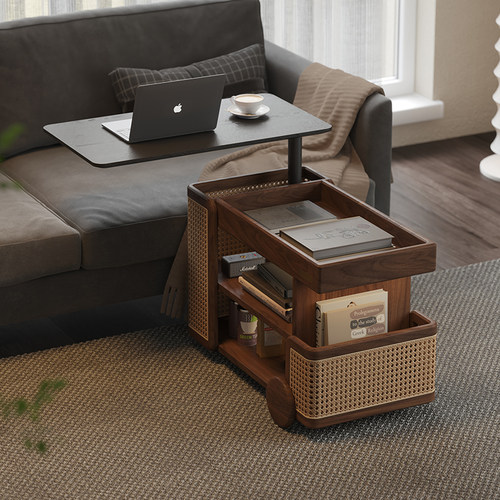 实木升降茶几可移动小推车巴士z边几小户型黑胡桃木家用旋转床边