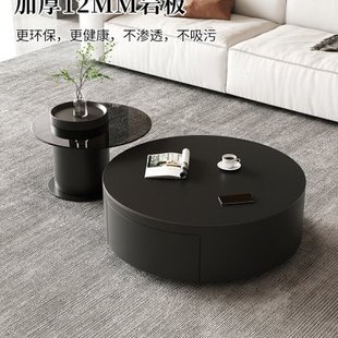 实木纯黑岩板大小圆现代意式简约小户型钢化玻璃伸缩组合高端茶几