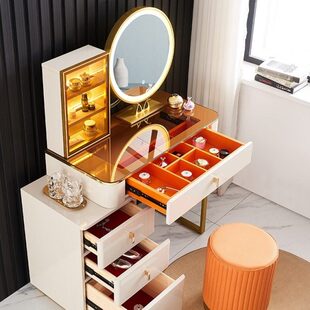 现代简约卧室柜钢化玻璃新款带灯实木化妆桌包安装轻奢梳妆台2023