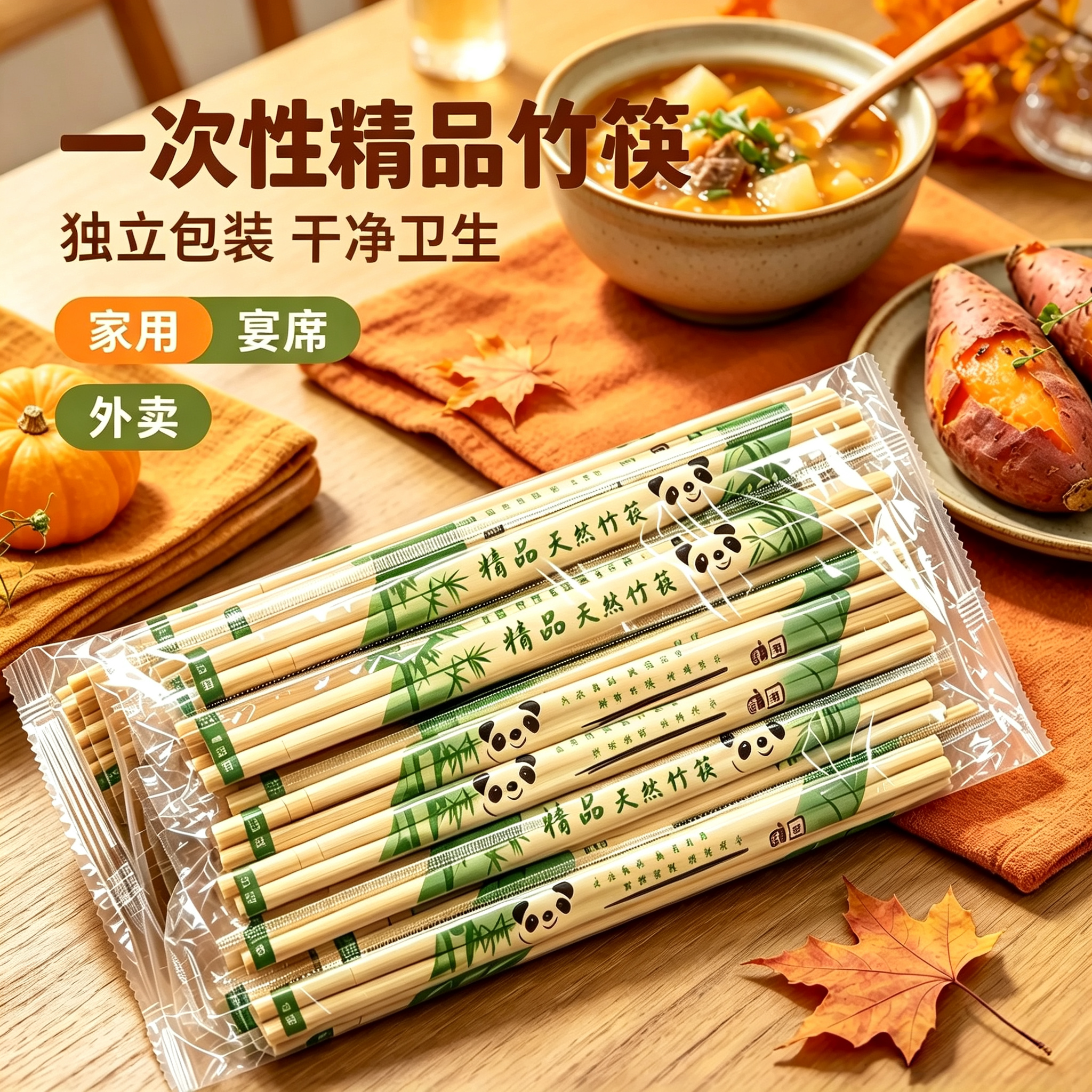熊猫一次性食品级竹筷外卖商用卫生方便一次性筷子便宜饭店摆摊