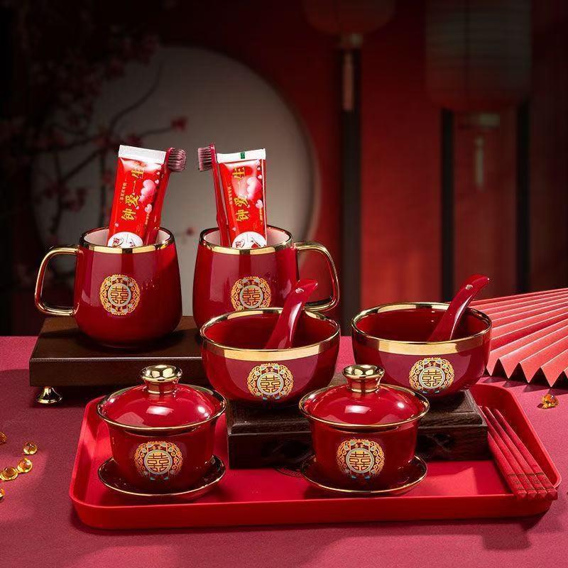 喜碗结婚碗筷对碗红碗陪嫁新婚用品婚庆陶瓷高档敬茶套装一整套