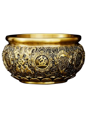 纯黄铜八方来财金蟾聚宝盆米缸存钱罐客厅办公室桌面摆件开业礼品