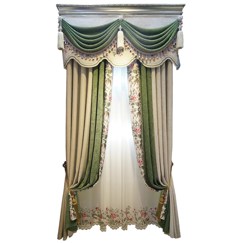 现代简约加厚雪尼尔窗帘欧式客厅卧室遮光美式落地飘窗绣花纱窗帘