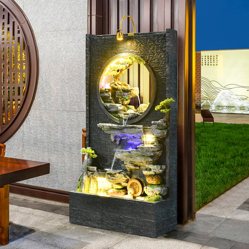 现代山流水墙鱼池造景观庭院园客厅门店装饰水幕假山喷泉