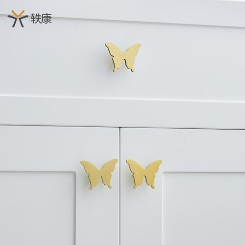 轶康创意黄铜拉手蝴蝶田园风铜拉丝抽屉儿童房斗柜金色小把手
