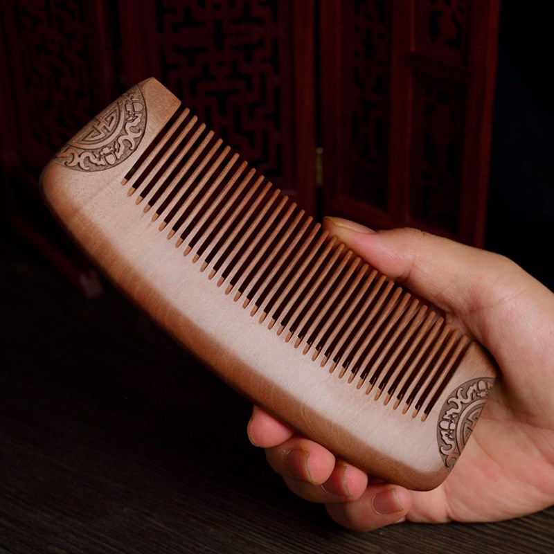 郎府天然正宗老桃木整木雕花款梳子顺发密齿款古典造型细齿礼品梳