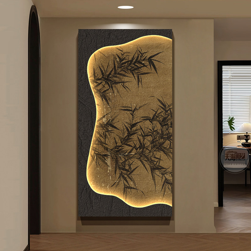 中古风带灯玄关装饰画法式复古走廊过道挂画级感竹子壁画